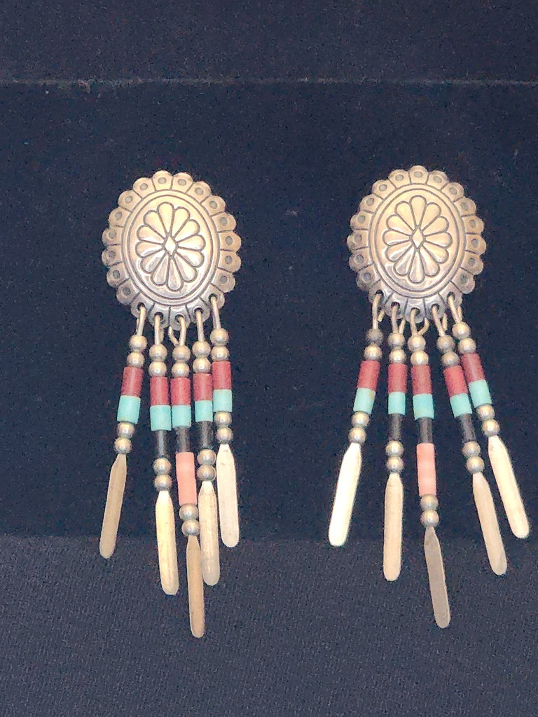 Navajo Small Sterling Silver Concho w/ Multi Stone Dangle Drop Earrings     (Vintage) Artist:  Quoc Trading  "Q.T." signed  Excellent vintage condition.  Beautiful little earrings.