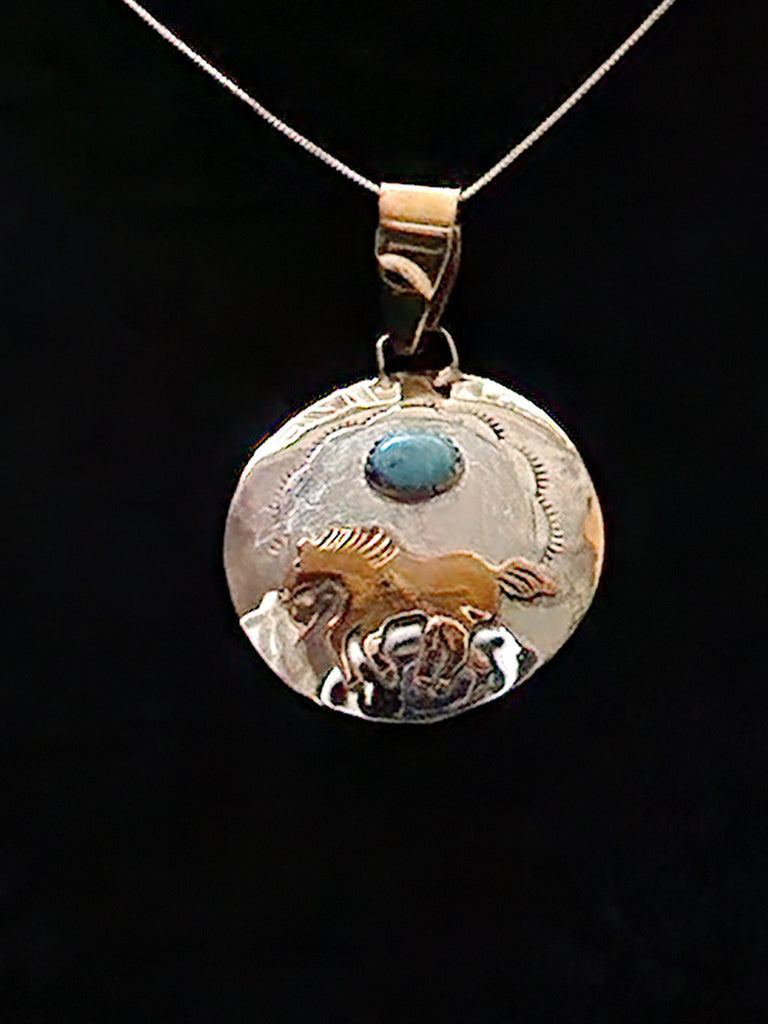 Navajo Sterling Silver, Gold & Turquoise Horse Pendent (New)