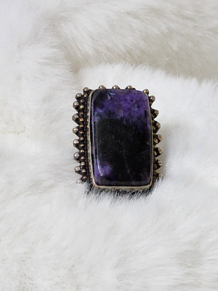 Navajo Large Sterling Silver & Bold Purple Charoite Ring    Size 6.5    (Vintage) Artist:  "JK" signed