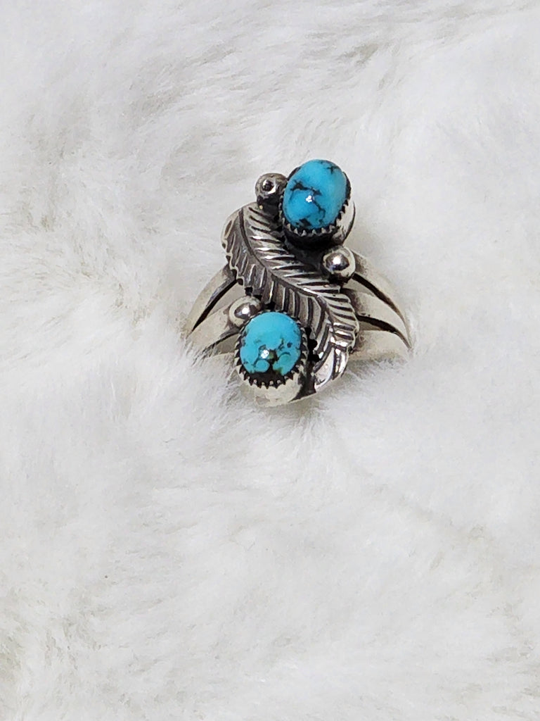 Navajo Large Sterling Silver Feather w/ Double Turquoise Ring    Size 8.25    (New) Artist:  William Begay  Unsigned