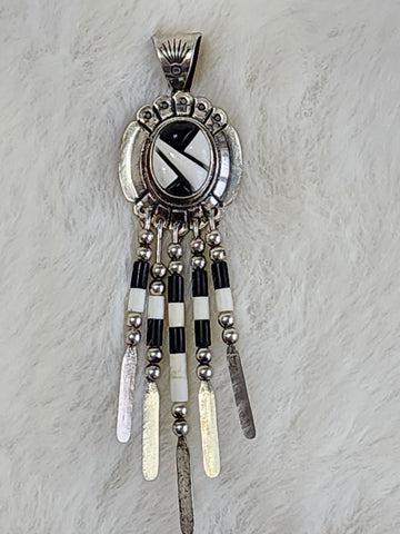 Navajo Quoc Trading Sterling Silver, White Buffalo Turquoise and Onyx Pendant  (Vintage)