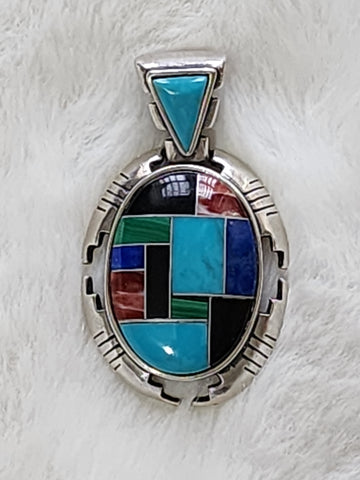 Carolyn Pollack Sterling Silver w/ multi stone Inlay Pendant  (Vintage)