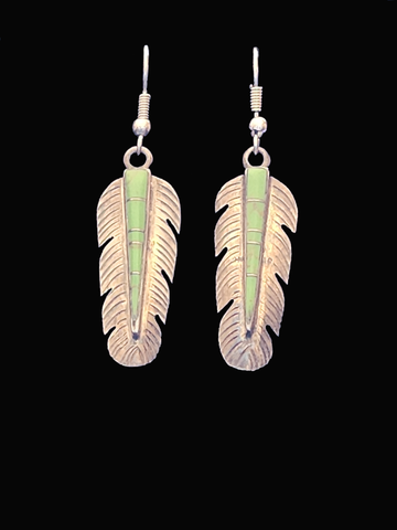 Navajo Marilyn Yazzie Sterling Silver Feather w/ Inlaid Turquoise Earrings     (Vintage)