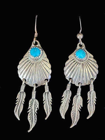 Navajo Sterling Silver Shell w/ Feathers & Turquoise Earrings     (Vintage)