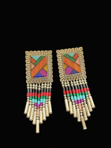 Navajo Sterling Silver & Multi Stone Inlaid Earrings     (Vintage)