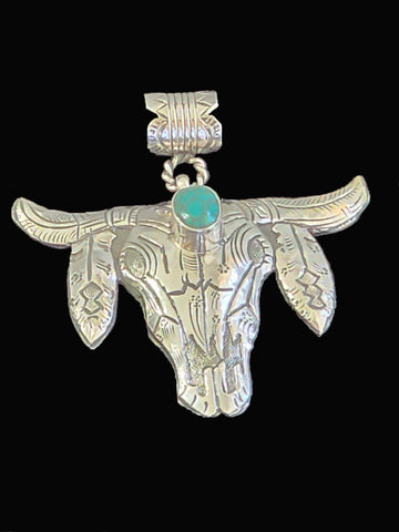 Navajo Sterling Silver Bull Skull w/ Turquoise cabochon  (New)