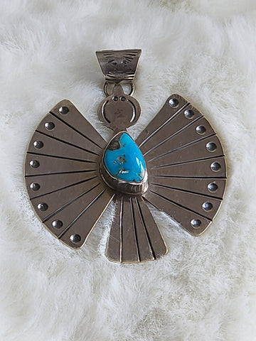 Navajo Large Sterling Silver Thunderbird w/ Turquoise Cabochon  (New)