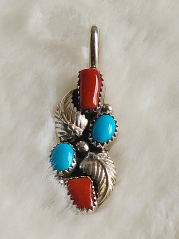 Navajo Old Pawn Sterling Silver, Turquoise & Coral Snake Eye Pendant  (Vintage)