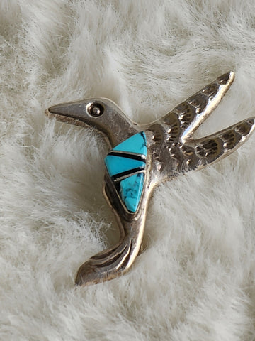 Navajo Sterling Silver Hummingbird Pendant  w/ Turquoise & Onyx Inlay (Vintage)