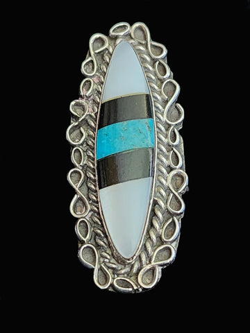 Navajo Sterling Silver w/ Turquoise, Mother of Pearl & Onyx Ring   Size 6   (Vintage)