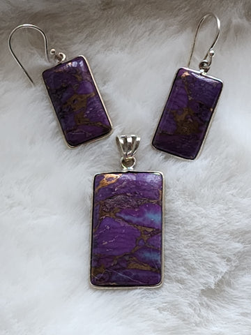 Sterling Silver w/ Purple Copper Turquoise Pendant & Earrings Set     (New)