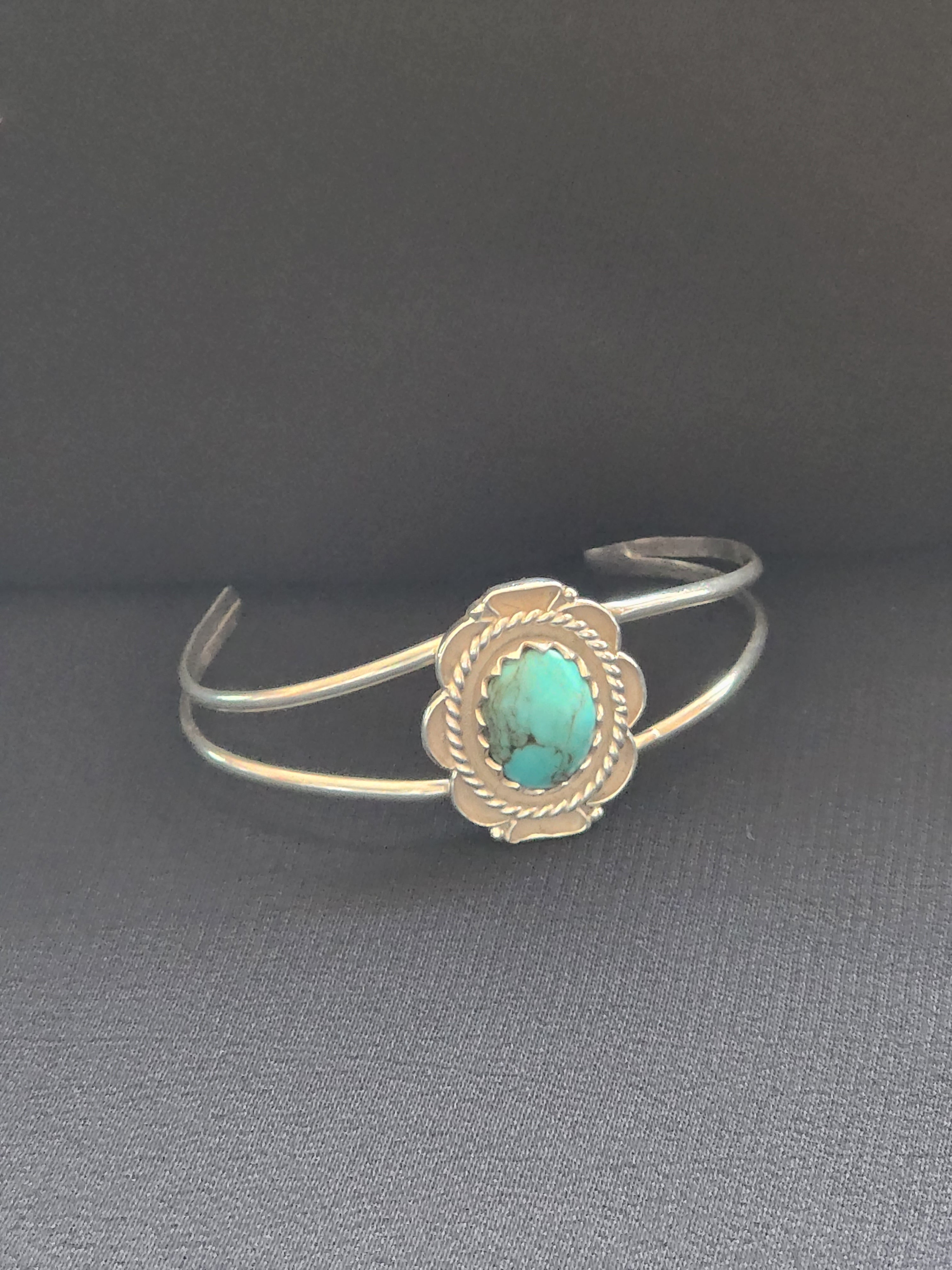 Navajo Sterling Silver & Turquoise Bracelet      6in     (Vintage)  Artist:  Still researching makers mark (please see photo of signature)  Excellent vintage condition, well cared for.