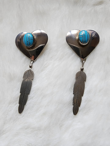 Zuni Sterling Silver Heart & Feather w/ Inlaid Turquoise Earrings     (Vintage) Artist:  