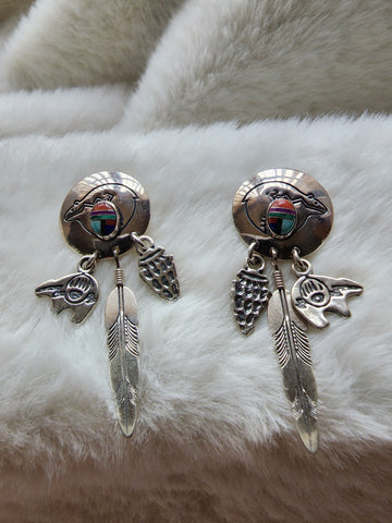 Navajo Sterling Silver Fetish Bear w/ Multi Inlaid Stones Earrings     (Vintage) Artist:  Quoc Trading  