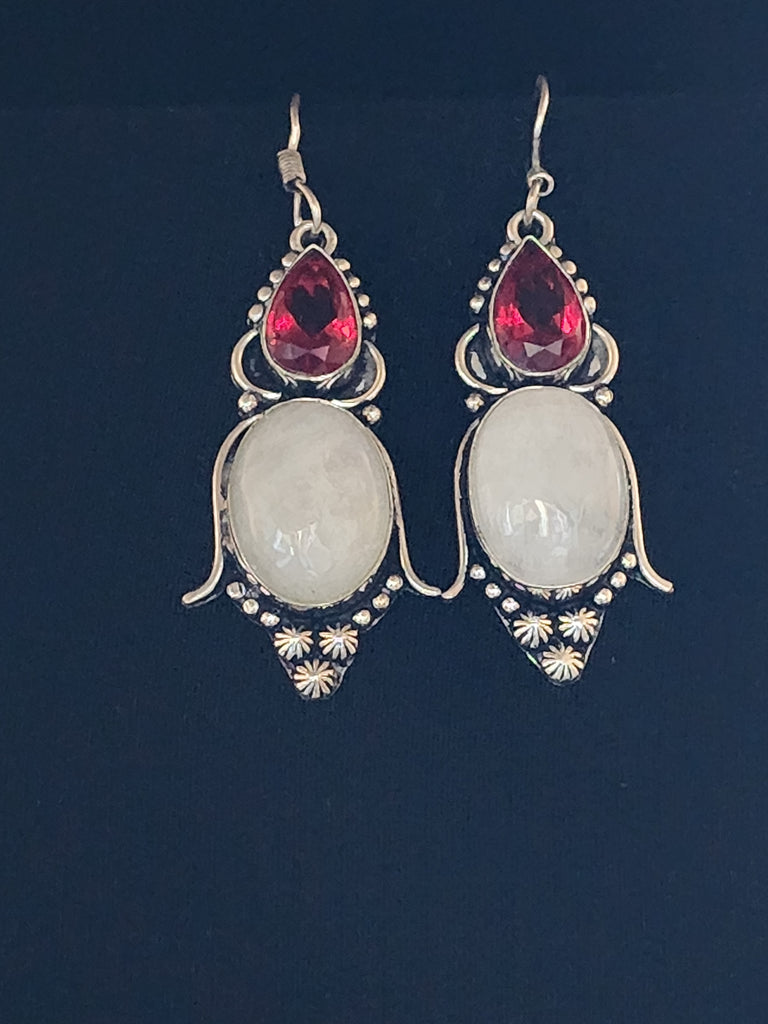 Navajo Large Sterling Silver w/ White Quartz & Red Quartz Teardrop Caviar Earrings    (New)  Artist:  unsigned