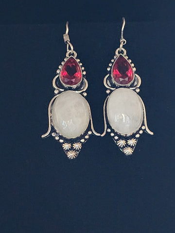 Navajo Large Sterling Silver w/ White Quartz & Red Quartz Teardrop Caviar Earrings    (New)  Artist:  unsigned