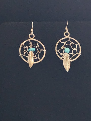 Navajo Sterling Silver & Turquoise Dreamcatcher Earrings     (Vintage)  Artist:  unsigned  Good vintage condition with light patina.