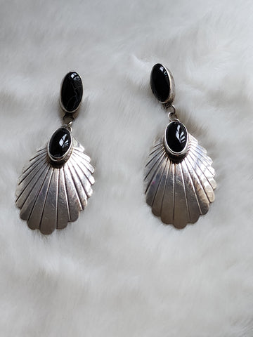 Navajo Sterling Silver & Onyx Dangle Drop Earrings 2.5in     (Vintage) Artist:  