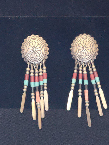 Navajo Small Sterling Silver Concho w/ Multi Stone Dangle Drop Earrings     (Vintage) Artist:  Quoc Trading  