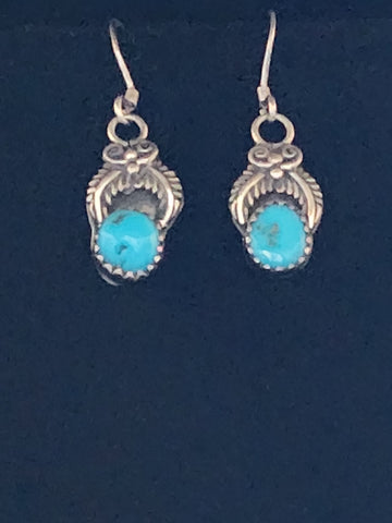 Navajo Small Sterling Silver Feather & Turquoise Earrings    (Vintage) Artist:  