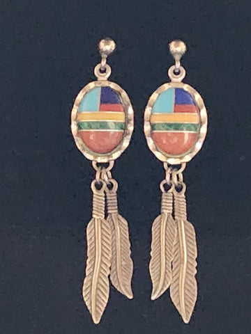 WM Sterling Silver w/ Multi Stone Inlay Earrings     (Vintage)  Artist:  WM signed  Beautiful little earrings by Wheeler Manufacturing (USA)  Wonderful vintage condition, very light patina.  These are NOT Native American. 