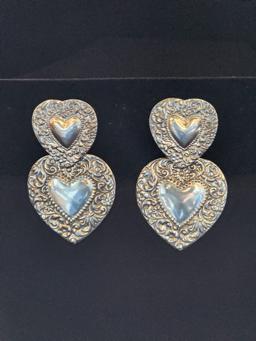 Zuni Large Sterling Silver Double Heart Hand Stamped Earrings     (Vintage) Artist:  Sensa Eustace  