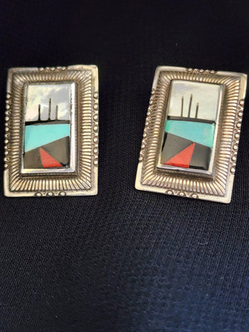 Navajo Large Sterling Silver w/ Multi Stone Inlay Earrings     (Vintage)  Artist:   