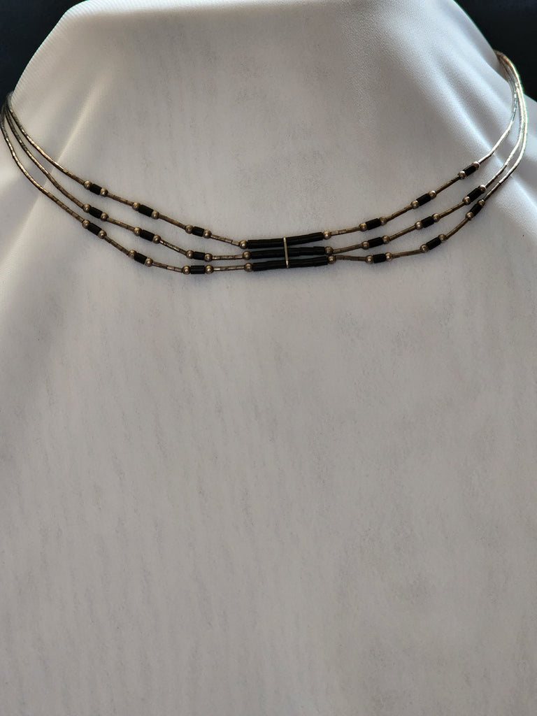 Navajo 3 Strand Sterling Liquid Silver Choker w/ Onyx 16in