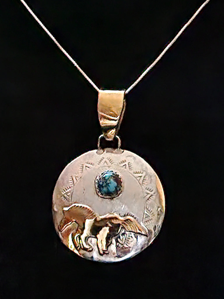 Navajo Sterling Silver, Gold & Turquoise Horse Pendent (New)