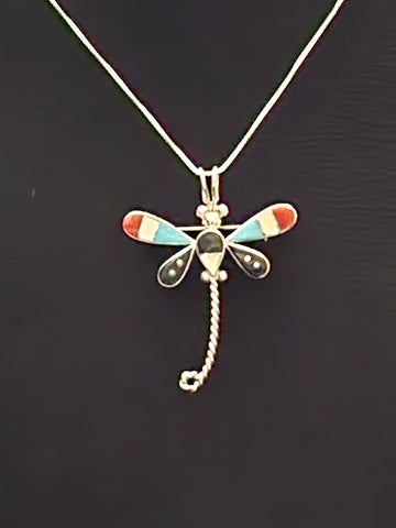 Zuni Sterling Silver Dragonfly w/Turquoise, MOP, Red Coral & Onyx Inlay   (New)