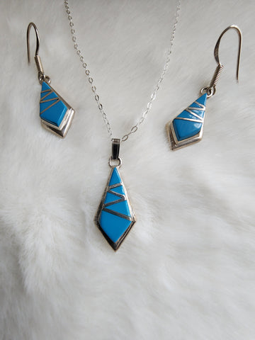 Zuni Sterling Silver w/ Inlaid Turquoise Pendant & Earrings Set     (New)