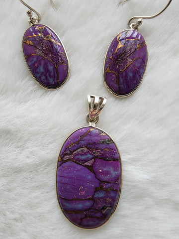 Sterling Silver w/ Purple Copper Turquoise Pendant & Earrings Set     (New)