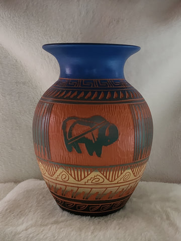 Navajo Hand Etched Buffalo Vase by Bernice Watchman Lee  Artist:  Bernice Watchman Lee  