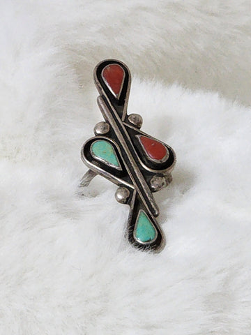 Zuni Sterling Silver w/ Turquoise & Red Coral Ring    Size 6    (Vintage) Artist:  