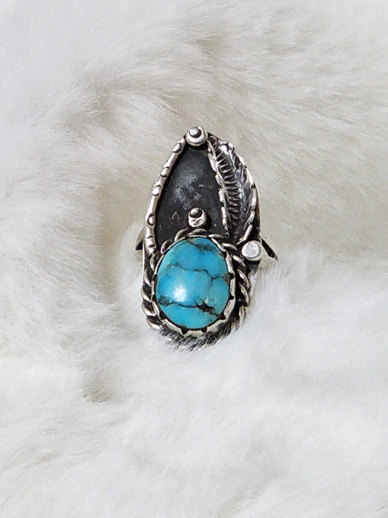 Navajo "Old Pawn" Sterling Silver Feather w/ Turquoise Ring  Size 6.5  Vintage