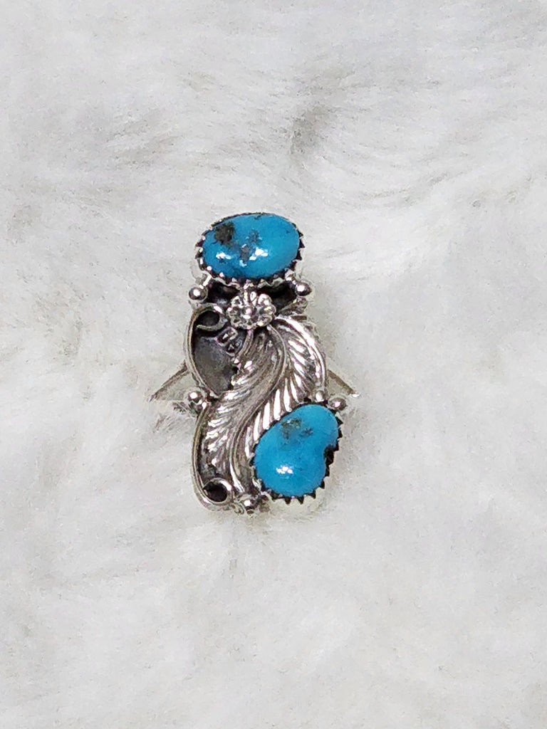 Navajo Sterling Silver Feather & Double Turquoise Ring    Size 9    (New)