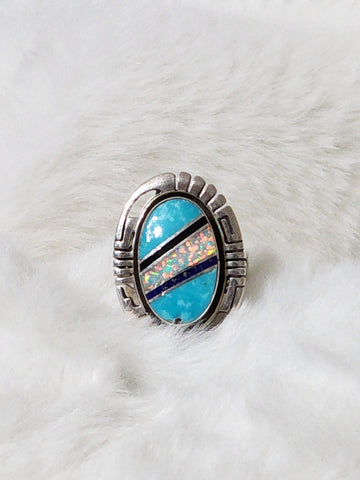 Navajo Gilbert Nelson Sterling Silver w/Turquoise, Opal and Lapis ring  Size 7.25