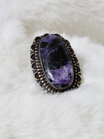 Old Southwest Large Sterling Silver & Bold Purple Charoite Ring    Size 7.5    (Vintage)