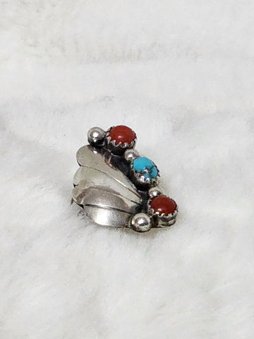 Navajo Sterling Silver w/ Turquoise & Red Coral Ring    Size 5.75   (Vintage)