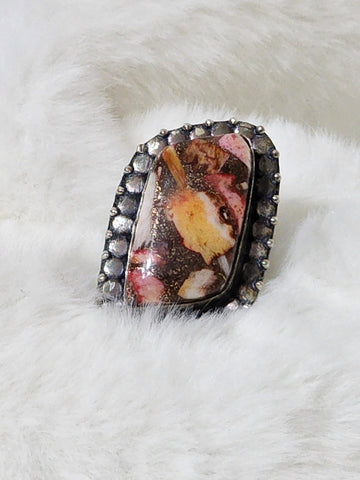 Navajo XL Sterling Silver & Spiny Oyster Ring    Size 8.5    (Vintage)  Artist:  