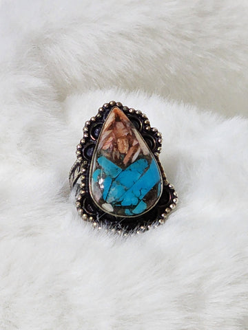 Navajo Sterling Silver w/ Turquoise & Spiny Oyster Ring   Size 7   (Vintage)  Artist signed 