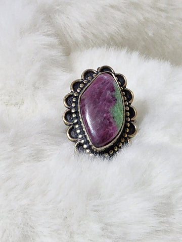 Navajo Sterling Silver & Utah Emerald Boulder Ruby Zoisite Ring   Size 7   (New)   Artist signed 