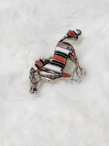 Navajo Sterling Silver Horse w/ Multi Stone Inlay    Size 8    (New)  Artist:  Unsigned  Inlay contains:  Red Coral, Onyx, White Buffalo Turquoise and Howlite