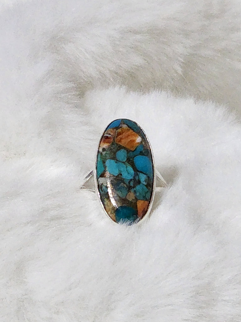 Old Southwest Sterling Silver w/ Turquoise & Spiny Oyster Ring   Size 8   (New)