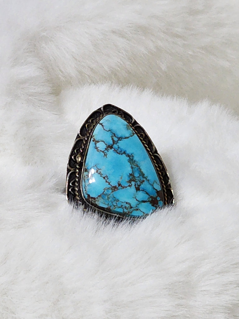 Old Southwest Large Sterling Silver & Turquoise Ring   Size 9    (Vintage)