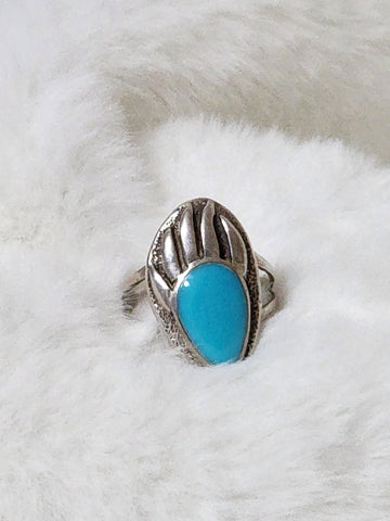 Navajo Sterling Silver Bear Paw w/ Sleeping Beauty Turquoise Ring   Size 8.75    (Vintage)   Artist signed 