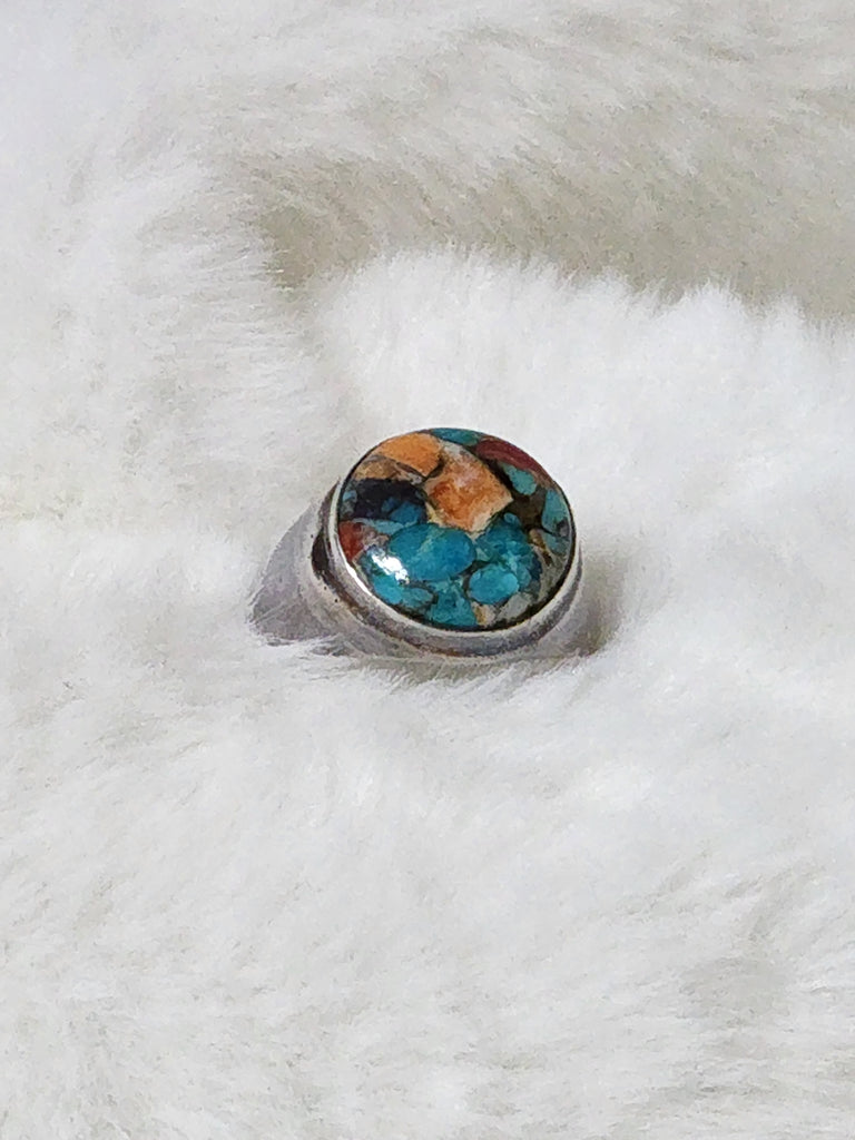 Sterling Silver w/ Turquoise & Spiny Oyster Ring    Size 9    (Vintage)