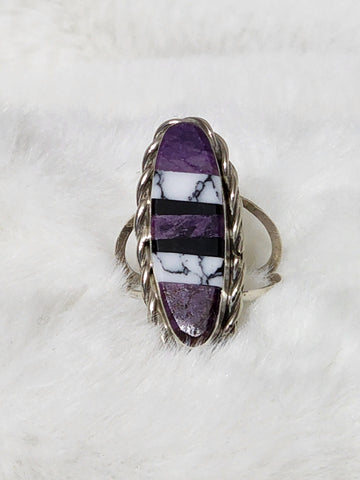 Navajo Sterling Silver W/ White Buffalo Turquoise, Charoite & Onyx Inlay Ring   Size 8.5    (New)   Artist signed  AN