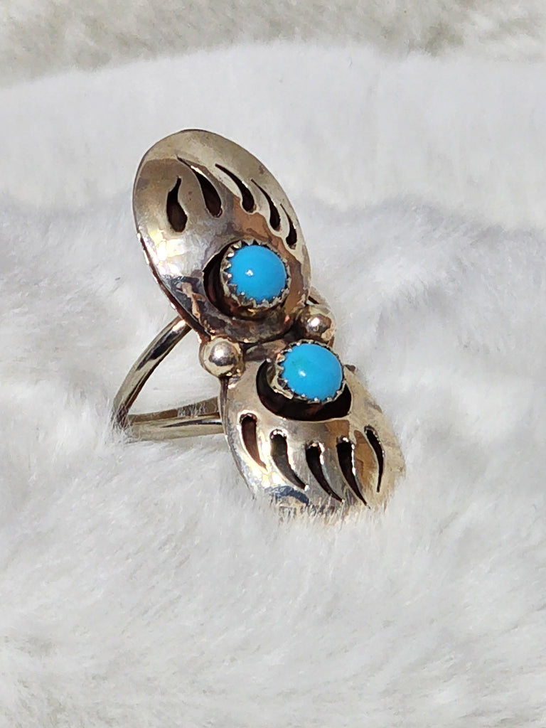 Navajo Sterling Silver Double Sided Bear Paw w/ Sleeping Beauty Turquoise Ring   Size 9.5   (Vintage)   Artist signed "T"