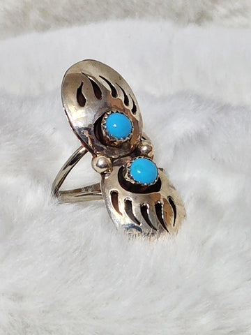 Navajo Sterling Silver Double Sided Bear Paw w/ Sleeping Beauty Turquoise Ring   Size 9.5   (Vintage)   Artist signed 